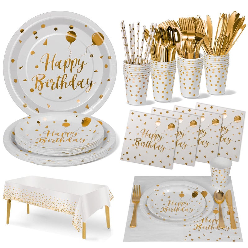 Nkaiso Birthday Party Tableware 161 Pieces White Gold Party Supplies Party Dinnerware Sets Include Paper Plates Napkins Cups Silverware for Shower Engagement Parties Decoration 20 Serves